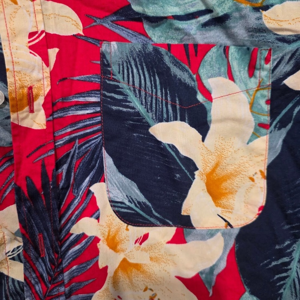 Old Navy Tropical Floral Shirt Mens XL Tall Red Hibiscus Palm Leaf Hawaiian Top - Picture 2 of 5